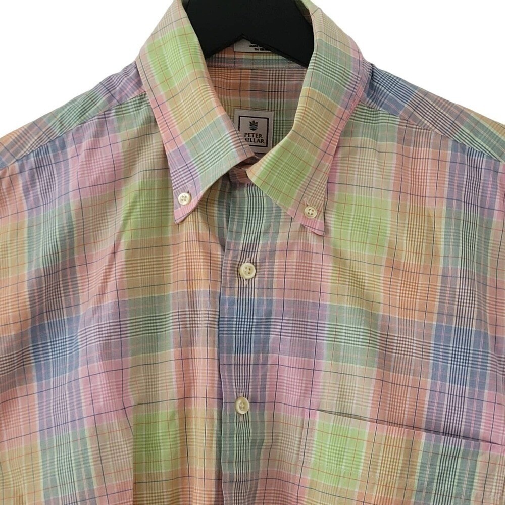 Peter Millar Button Down Shirt Multicolor Plaid Short Sleeve Pocket Pastel‎ M